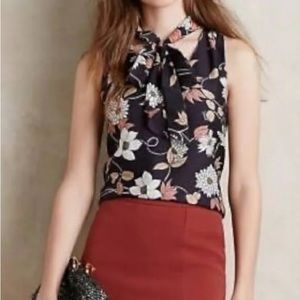 Anthropologie Top Maeve Petalsilk Tie-Neck Shell Top Black Floral Silk Sz 0